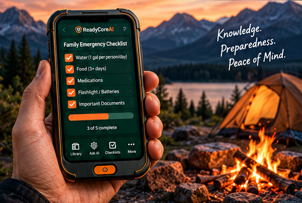 ReadyCoreAI phone checklist concept beside a mountain campsite