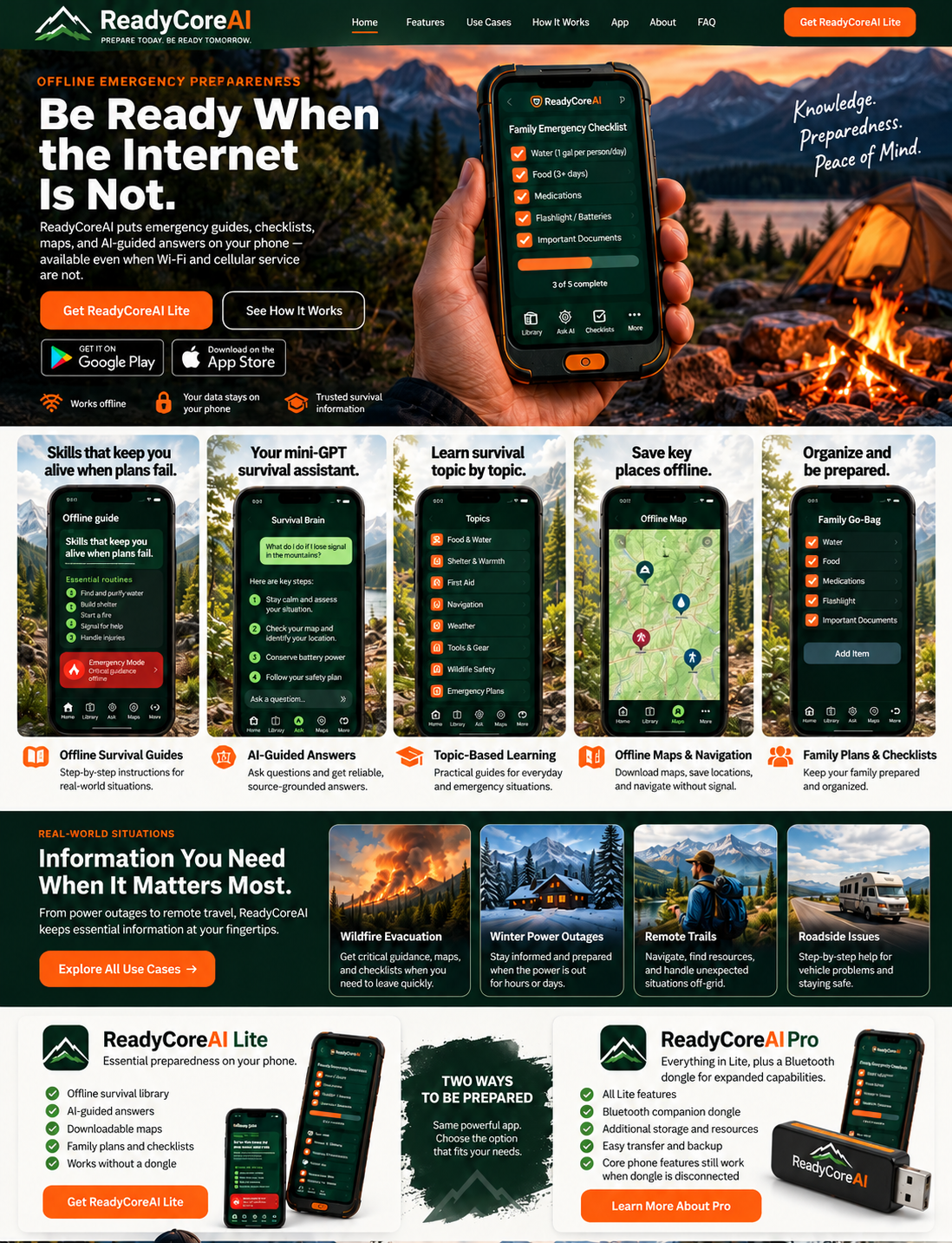 ReadyCoreAI landing page design featuring an emergency preparedness phone app, five feature panels, real-world situations, Lite and Pro comparisons, and Lite and Pro choices
